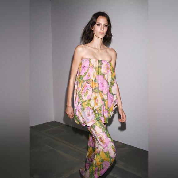 Zara Floral Strapless Maxi Dress Wedding summer evening bodycon - Picture 15 of 16